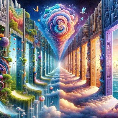The primary subject of the image is a surreal, colorful painting featuring a long hallway with doors on both sides. The hallway is adorned with a variety of colorful and whimsical elements, such as a giant cake, a rainbow, and a large, swirling cloud. The setting is a fantastical, imaginative world, and the visual style is a combination of digital art and illustration. The colors and mood of the painting are vibrant, lively, and whimsical, creating a sense of wonder and delight.